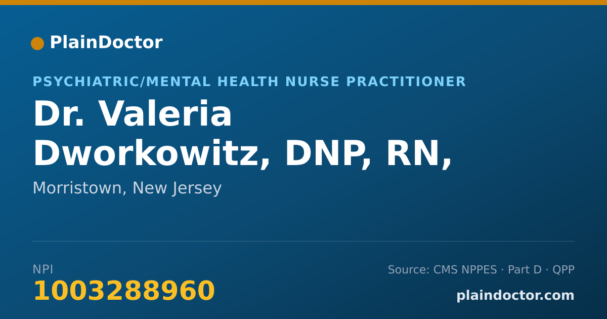 Shareable card for Valeria Dworkowitz, DNP, RN, PMHNP-BC - Psychiatric/Mental Health Nurse Practitioner, Morristown, NJ