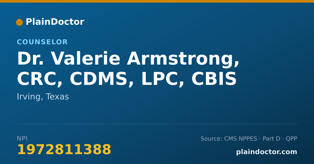 Shareable card for Valerie Armstrong, CRC, CDMS, LPC, CBIS - Counselor, Irving, TX