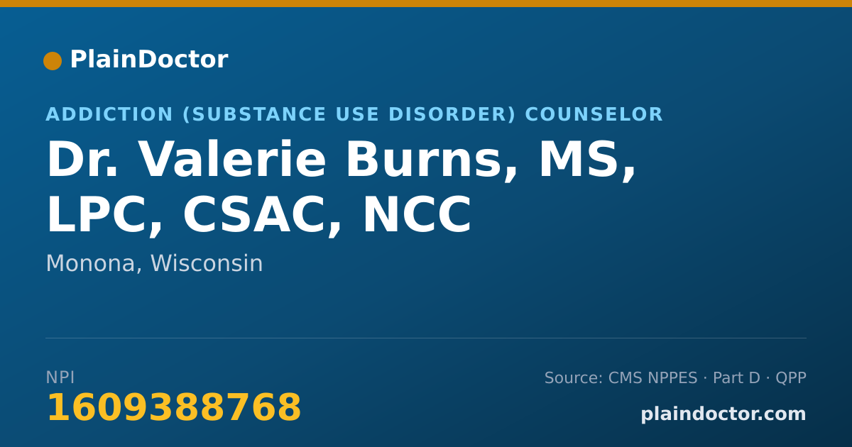 Shareable card for Valerie Burns, MS, LPC, CSAC, NCC - Addiction (Substance Use Disorder) Counselor, Monona, WI