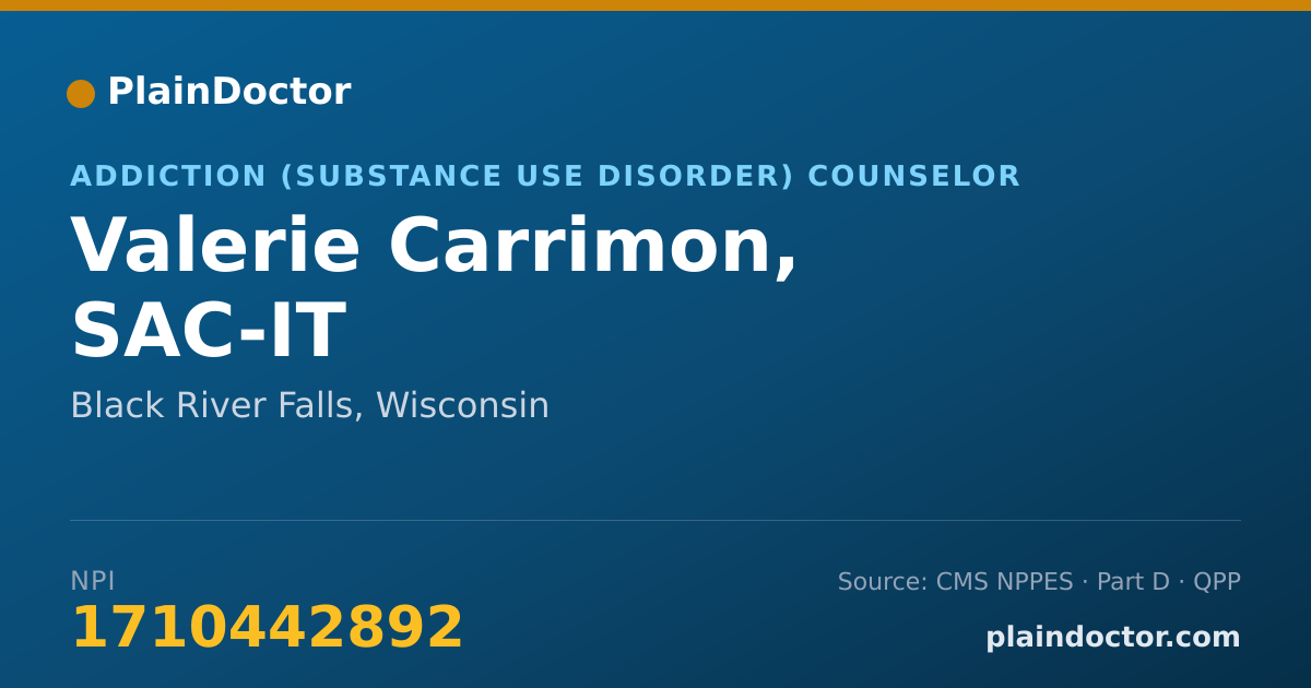 Shareable card for Valerie Carrimon, SAC-IT - Addiction (Substance Use Disorder) Counselor, Black River Falls, WI