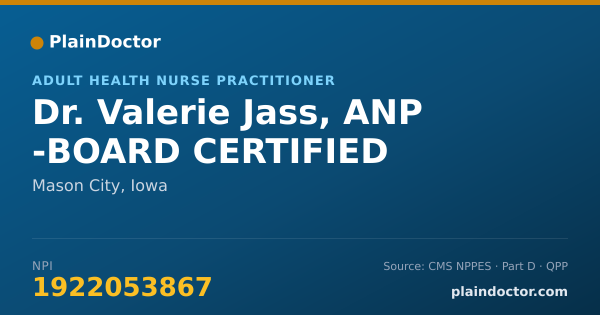 Shareable card for Valerie Jass, ANP -BOARD CERTIFIED - Adult Health Nurse Practitioner, Mason City, IA