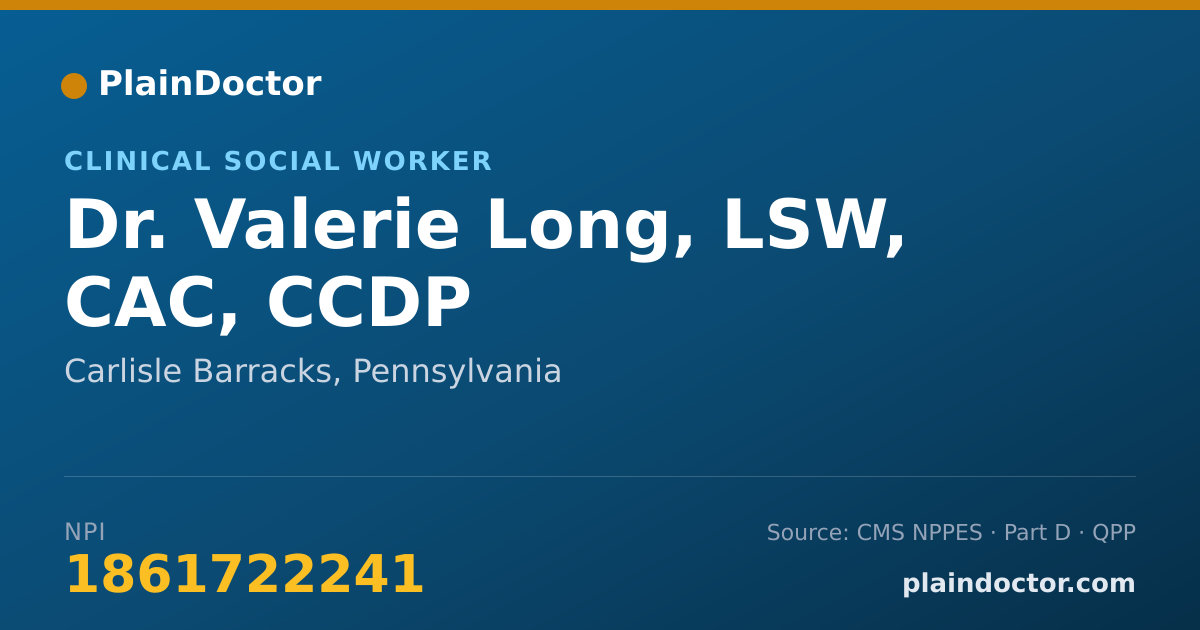 Shareable card for Valerie Long, LSW, CAC, CCDP - Clinical Social Worker, Carlisle Barracks, PA