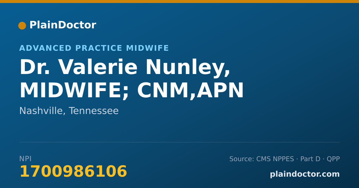 Shareable card for Valerie Nunley, MIDWIFE; CNM,APN - Advanced Practice Midwife, Nashville, TN