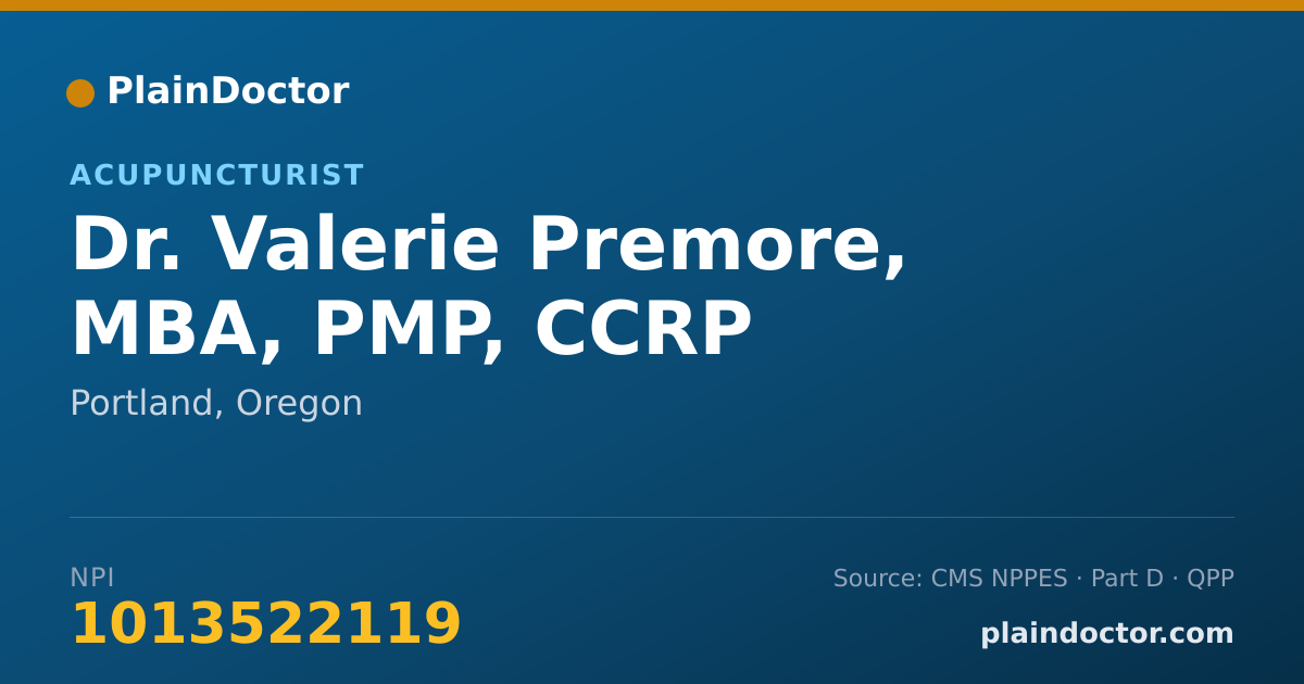 Shareable card for Valerie Premore, MBA, PMP, CCRP - Acupuncturist, Portland, OR