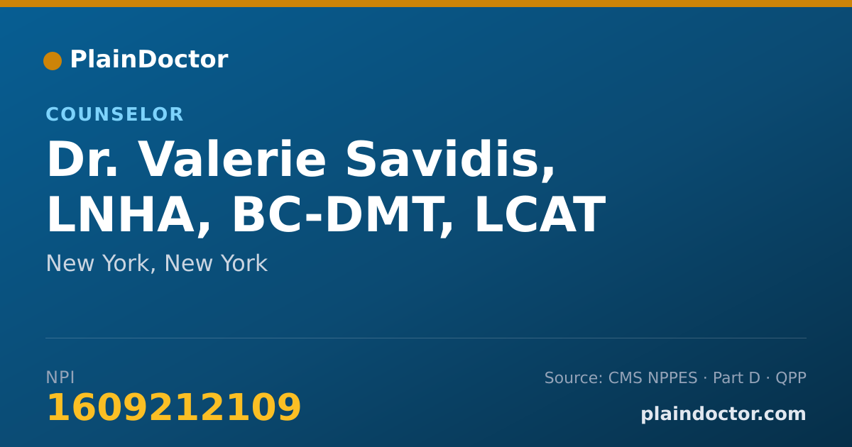 Shareable card for Valerie Savidis, LNHA, BC-DMT, LCAT - Counselor, New York, NY