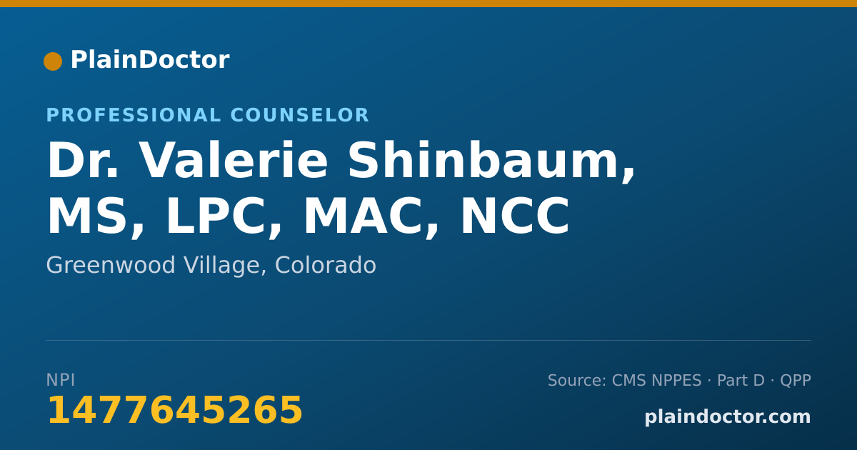 Shareable card for Valerie Shinbaum, MS, LPC, MAC, NCC - Professional Counselor, Greenwood Village, CO