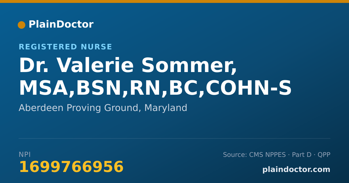 Shareable card for Valerie Sommer, MSA,BSN,RN,BC,COHN-S - Registered Nurse, Aberdeen Proving Ground, MD