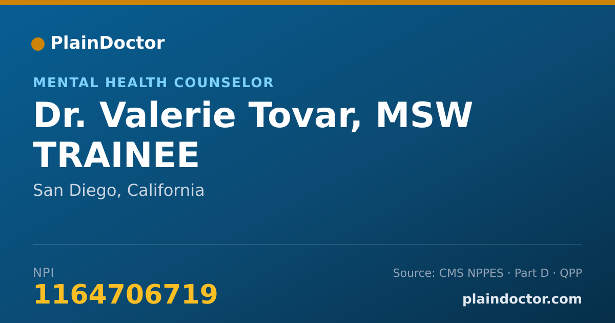 Shareable card for Valerie Tovar, MSW TRAINEE - Mental Health Counselor, San Diego, CA