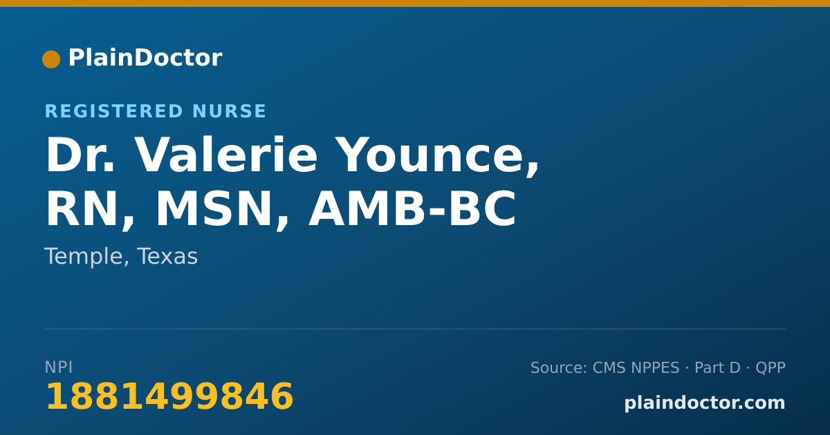 Shareable card for Valerie Younce, RN, MSN, AMB-BC - Registered Nurse, Temple, TX