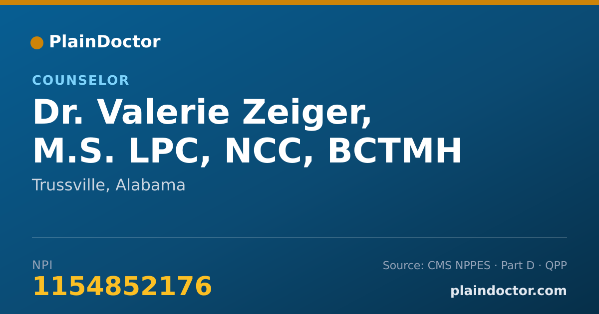 Shareable card for Valerie Zeiger, M.S. LPC, NCC, BCTMH - Counselor, Trussville, AL