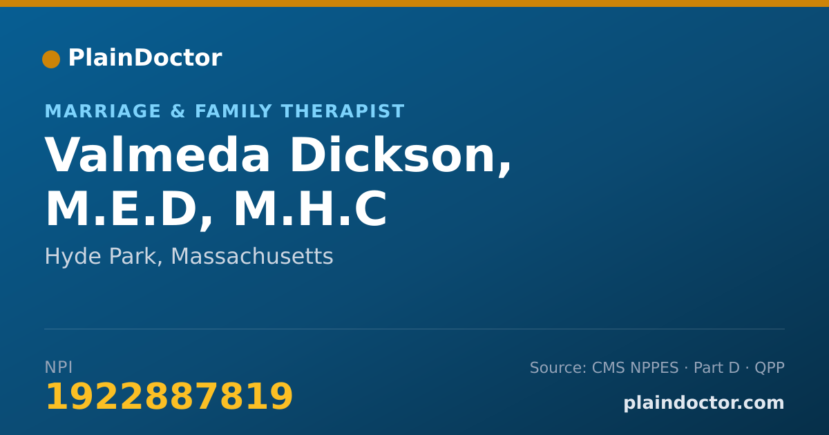 Shareable card for Valmeda Dickson, M.E.D, M.H.C - Marriage & Family Therapist, Hyde Park, MA
