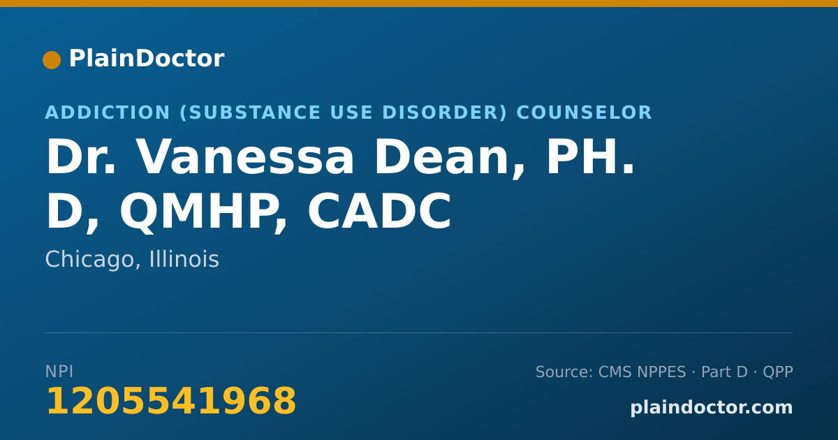 Shareable card for Vanessa Dean, PH. D, QMHP, CADC - Addiction (Substance Use Disorder) Counselor, Chicago, IL