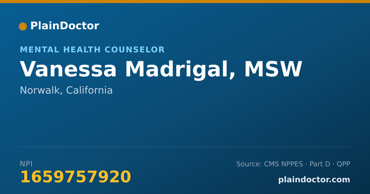 Shareable card for Vanessa Madrigal, MSW - Mental Health Counselor, Norwalk, CA