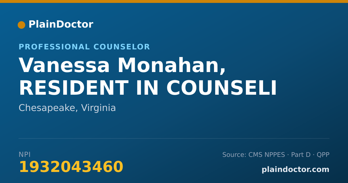 Shareable card for Vanessa Monahan, RESIDENT IN COUNSELI - Professional Counselor, Chesapeake, VA