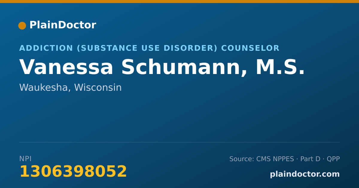 Shareable card for Vanessa Schumann, M.S. - Addiction (Substance Use Disorder) Counselor, Waukesha, WI