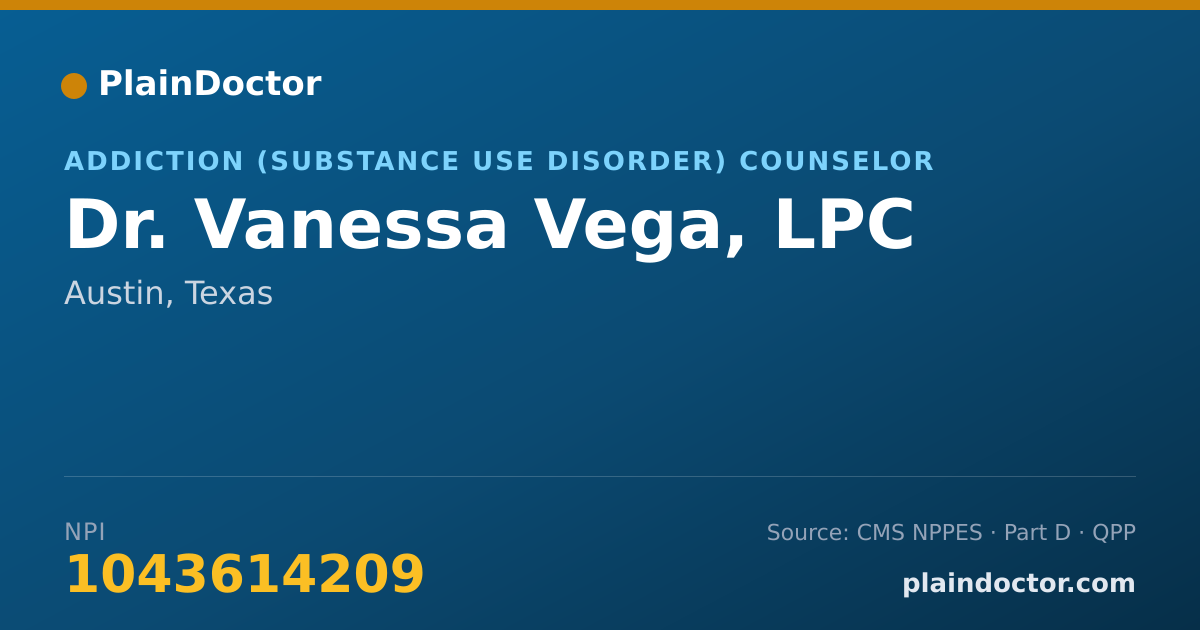 Shareable card for Vanessa Vega, LPC - Addiction (Substance Use Disorder) Counselor, Austin, TX