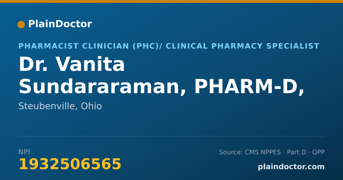 Shareable card for Vanita Sundararaman, PHARM-D, BCPS, BCADM - Pharmacist Clinician (PhC)/ Clinical Pharmacy Specialist, Steubenville, OH