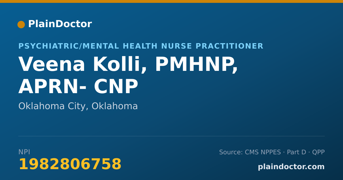 Shareable card for Veena Kolli, PMHNP, APRN- CNP - Psychiatric/Mental Health Nurse Practitioner, Oklahoma City, OK