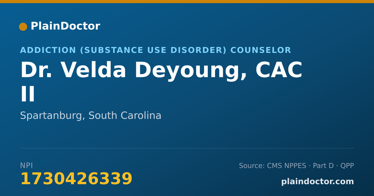 Shareable card for Velda Deyoung, CAC II - Addiction (Substance Use Disorder) Counselor, Spartanburg, SC