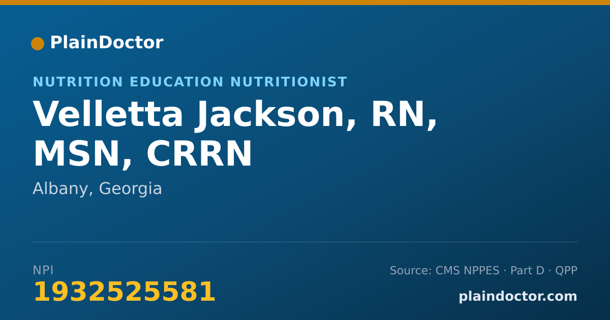 Shareable card for Velletta Jackson, RN, MSN, CRRN - Nutrition Education Nutritionist, Albany, GA