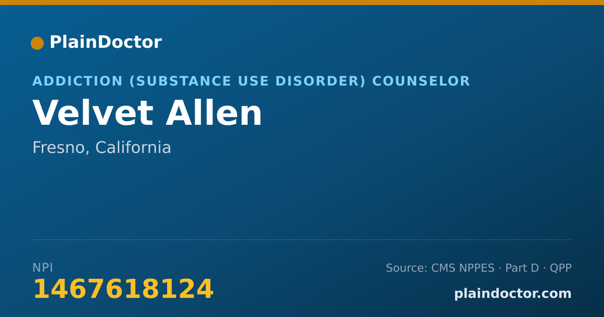 Shareable card for Velvet Allen - Addiction (Substance Use Disorder) Counselor, Fresno, CA