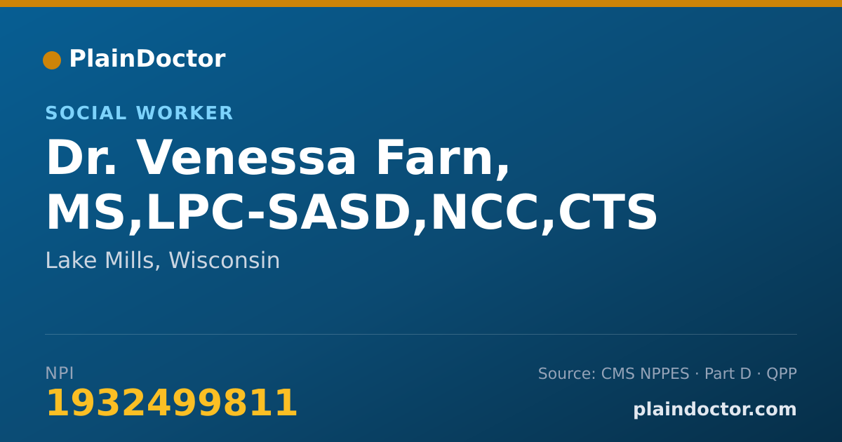 Shareable card for Venessa Farn, MS,LPC-SASD,NCC,CTS - Social Worker, Lake Mills, WI