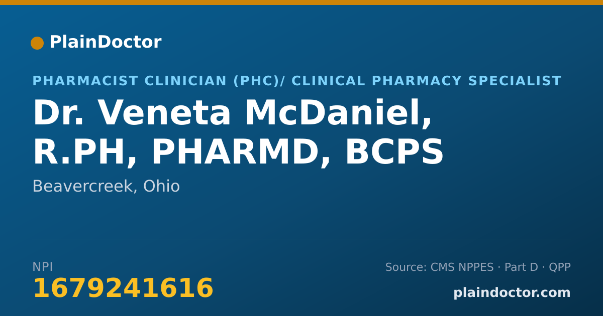 Shareable card for Veneta McDaniel, R.PH, PHARMD, BCPS - Pharmacist Clinician (PhC)/ Clinical Pharmacy Specialist, Beavercreek, OH