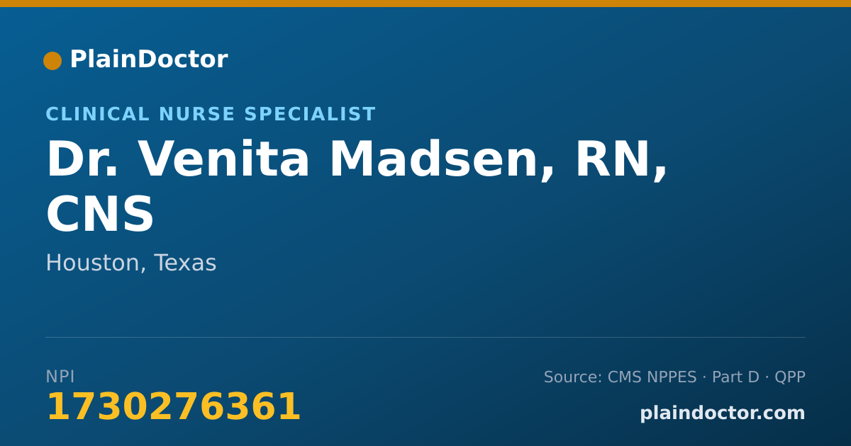 Shareable card for Venita Madsen, RN, CNS - Clinical Nurse Specialist, Houston, TX