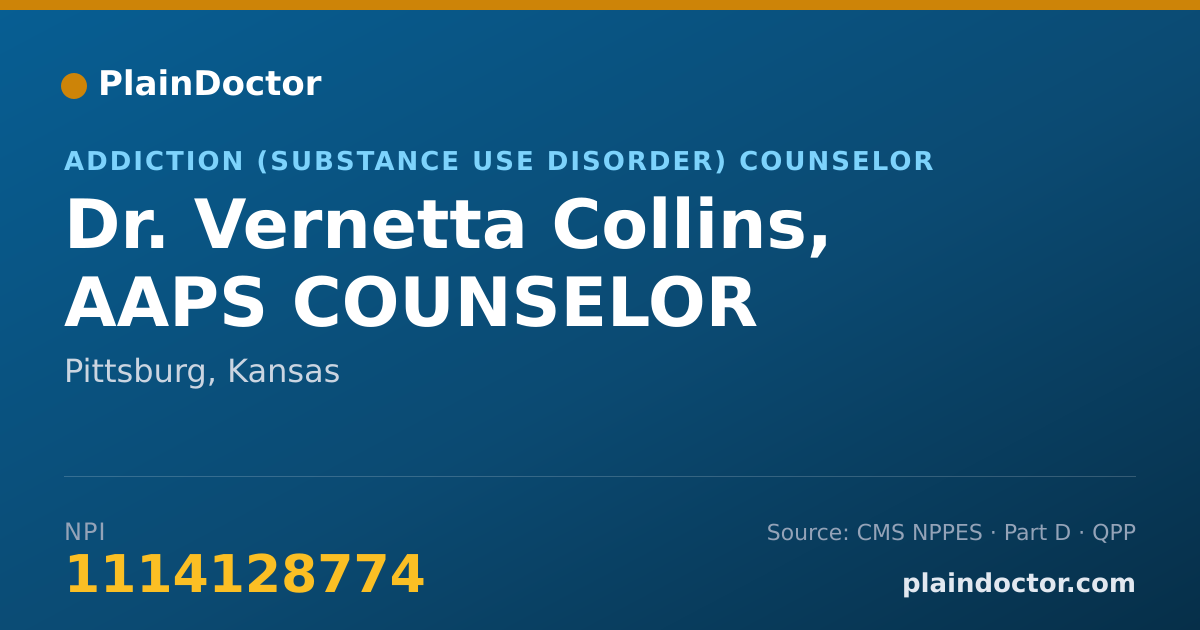 Shareable card for Vernetta Collins, AAPS COUNSELOR - Addiction (Substance Use Disorder) Counselor, Pittsburg, KS