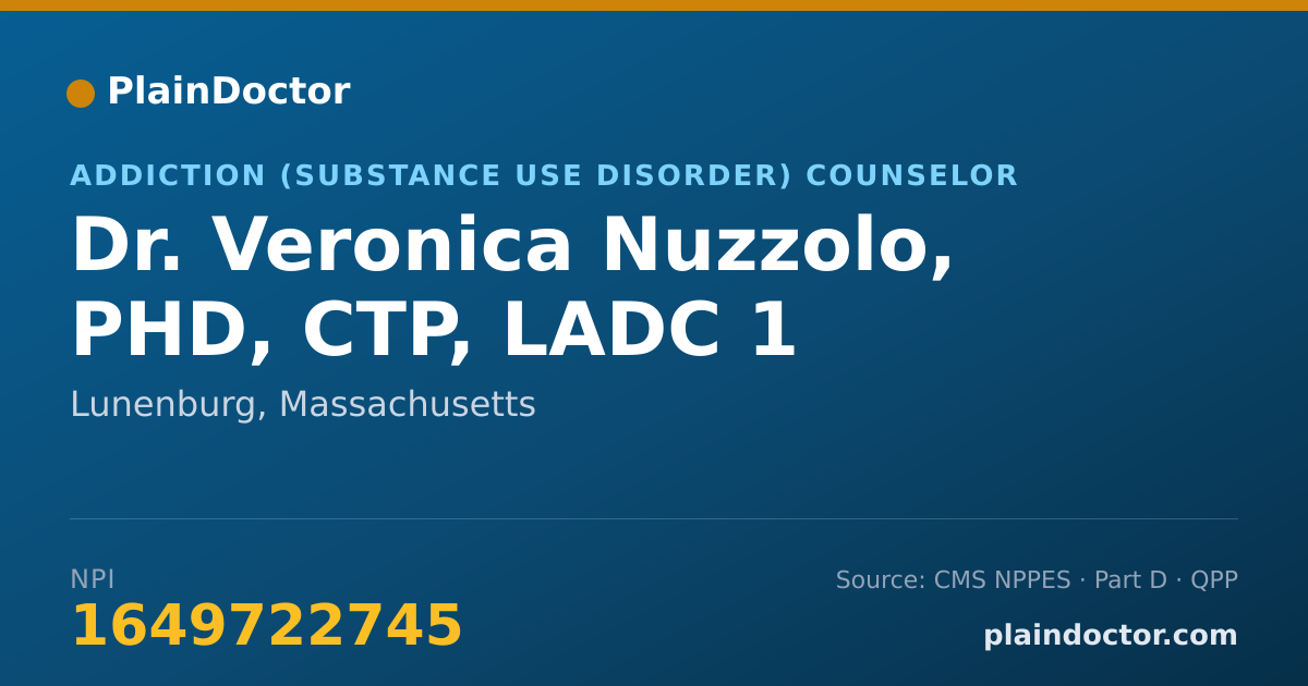 Shareable card for Veronica Nuzzolo, PHD, CTP, LADC 1 - Addiction (Substance Use Disorder) Counselor, Lunenburg, MA