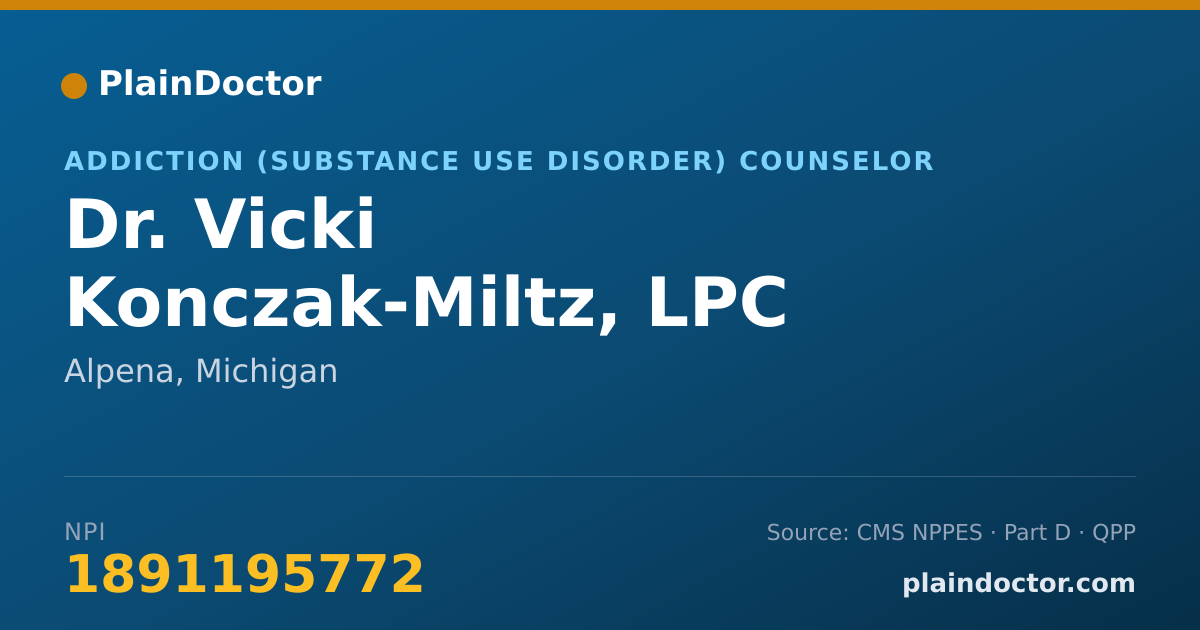 Shareable card for Vicki Konczak-Miltz, LPC - Addiction (Substance Use Disorder) Counselor, Alpena, MI