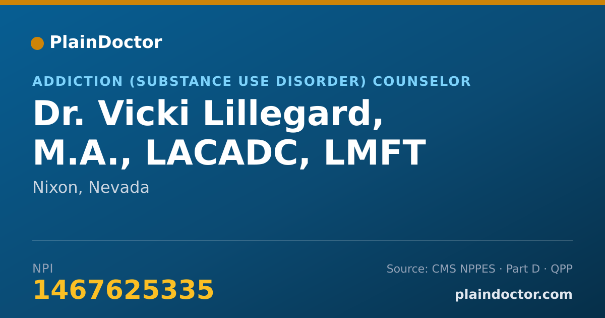 Shareable card for Vicki Lillegard, M.A., LACADC, LMFT - Addiction (Substance Use Disorder) Counselor, Nixon, NV