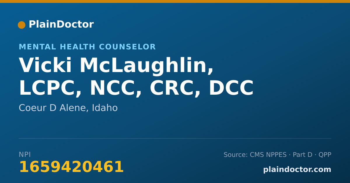 Shareable card for Vicki McLaughlin, LCPC, NCC, CRC, DCC - Mental Health Counselor, Coeur D Alene, ID