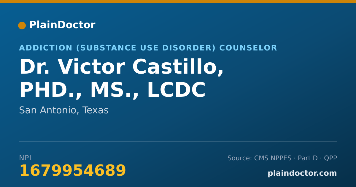 Shareable card for Victor Castillo, PHD., MS., LCDC - Addiction (Substance Use Disorder) Counselor, San Antonio, TX