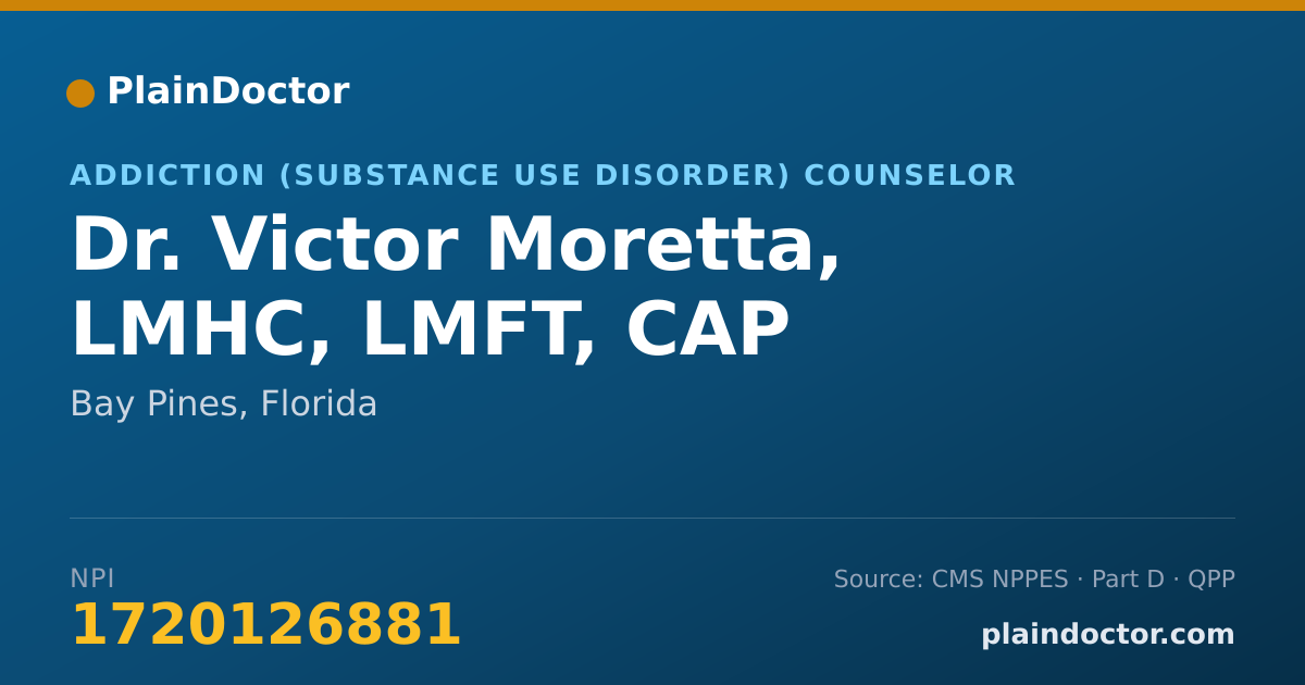 Shareable card for Victor Moretta, LMHC, LMFT, CAP - Addiction (Substance Use Disorder) Counselor, Bay Pines, FL