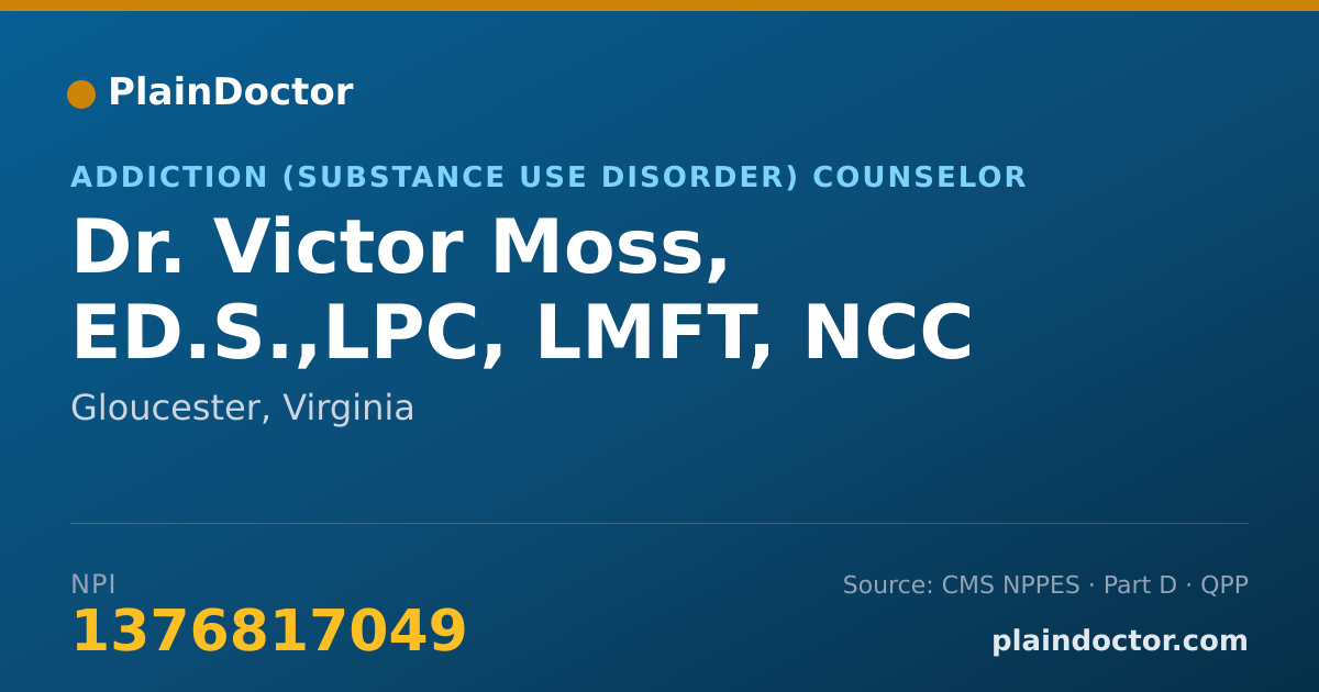 Shareable card for Victor Moss, ED.S.,LPC, LMFT, NCC - Addiction (Substance Use Disorder) Counselor, Gloucester, VA
