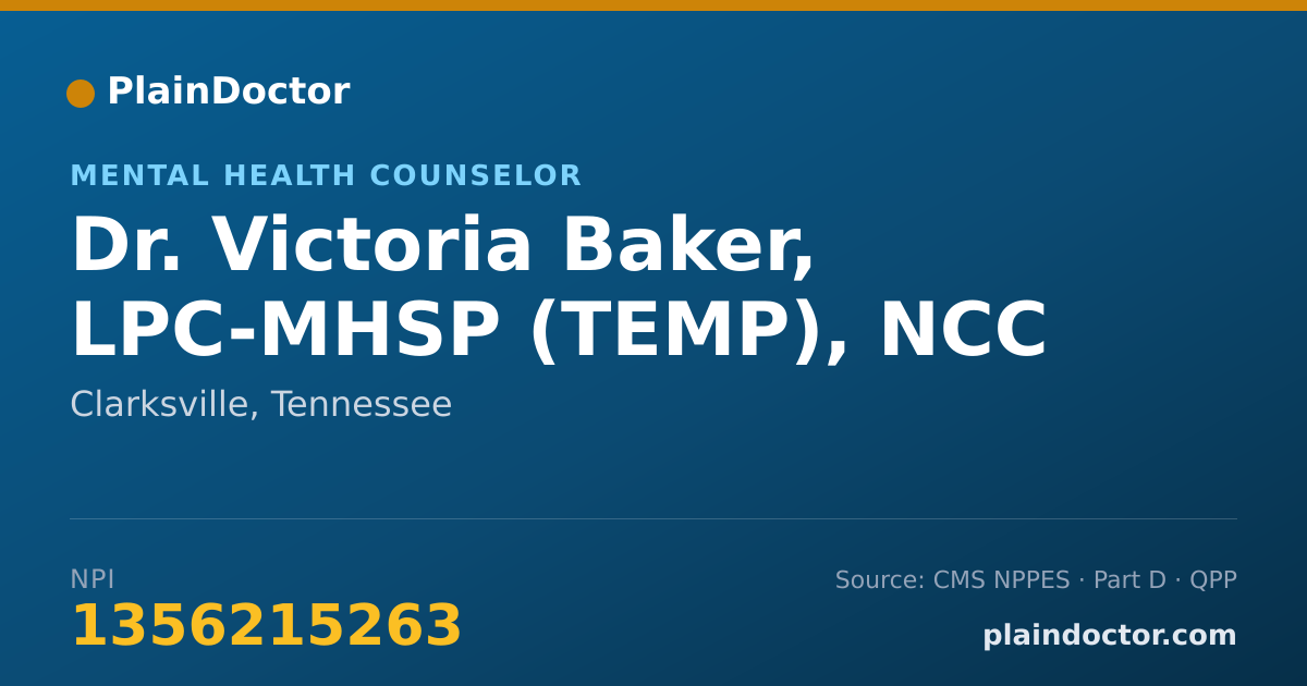 Shareable card for Victoria Baker, LPC-MHSP (TEMP), NCC - Mental Health Counselor, Clarksville, TN