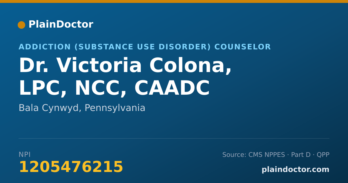 Shareable card for Victoria Colona, LPC, NCC, CAADC - Addiction (Substance Use Disorder) Counselor, Bala Cynwyd, PA