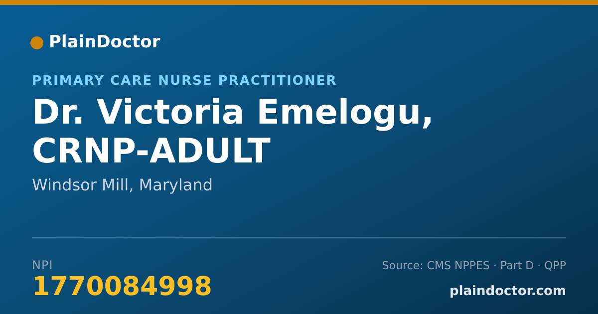 Shareable card for Victoria Emelogu, CRNP-ADULT - Primary Care Nurse Practitioner, Windsor Mill, MD