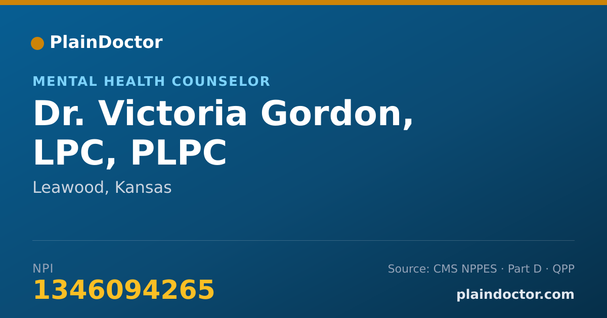 Shareable card for Victoria Gordon, LPC, PLPC - Mental Health Counselor, Leawood, KS