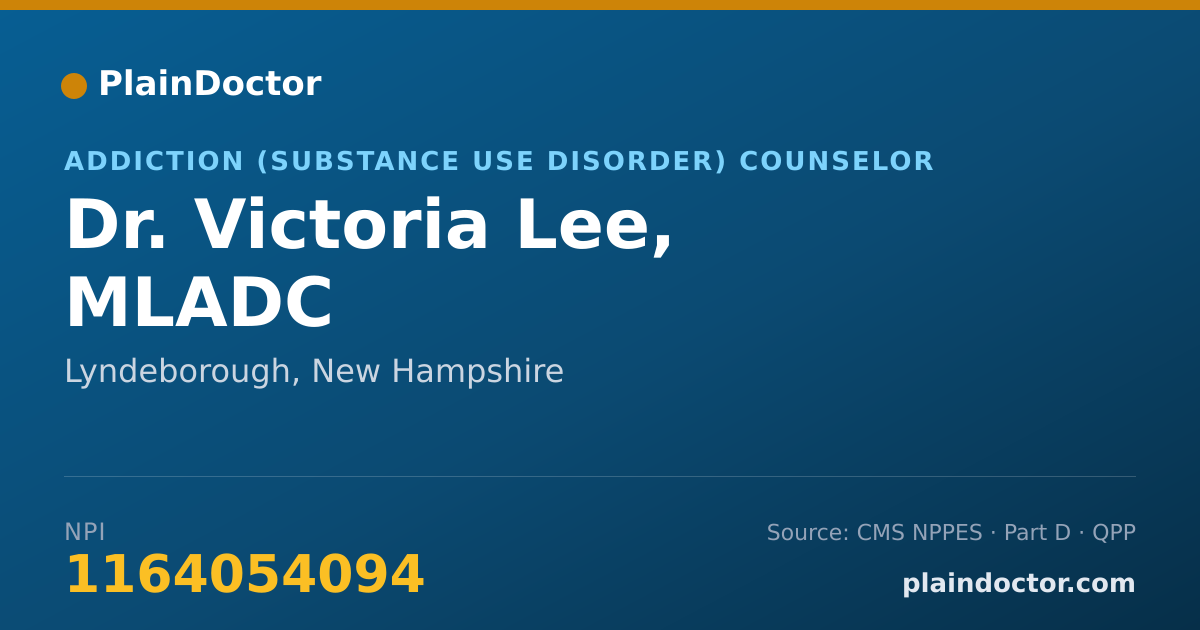 Shareable card for Victoria Lee, MLADC - Addiction (Substance Use Disorder) Counselor, Lyndeborough, NH