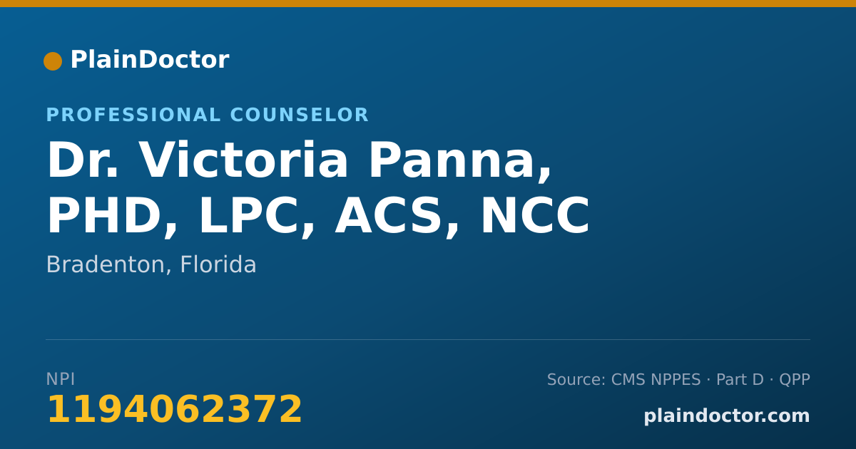 Shareable card for Victoria Panna, PHD, LPC, ACS, NCC - Professional Counselor, Bradenton, FL