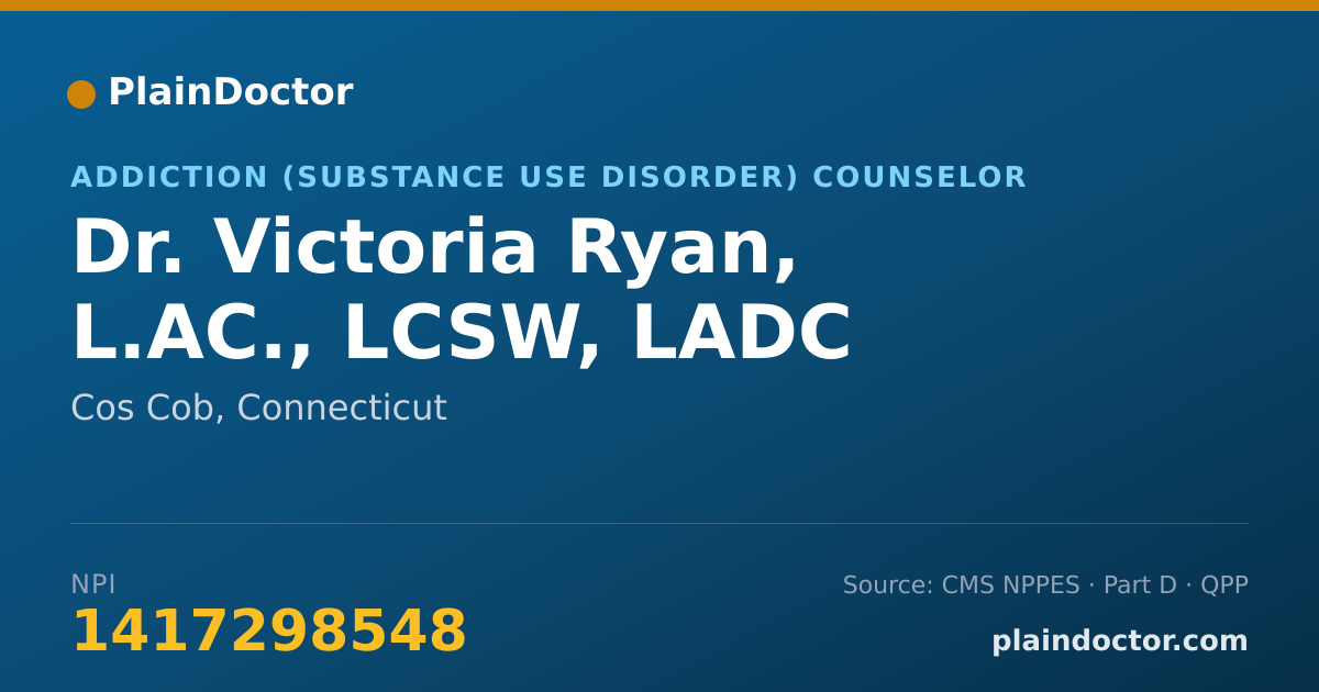 Shareable card for Victoria Ryan, L.AC., LCSW, LADC - Addiction (Substance Use Disorder) Counselor, Cos Cob, CT