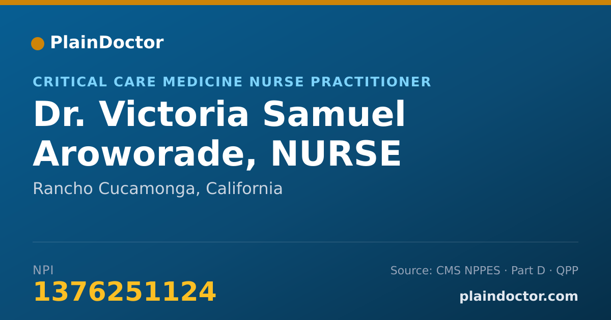 Shareable card for Victoria Samuel Aroworade, NURSE PRACTITIONER - Critical Care Medicine Nurse Practitioner, Rancho Cucamonga, CA