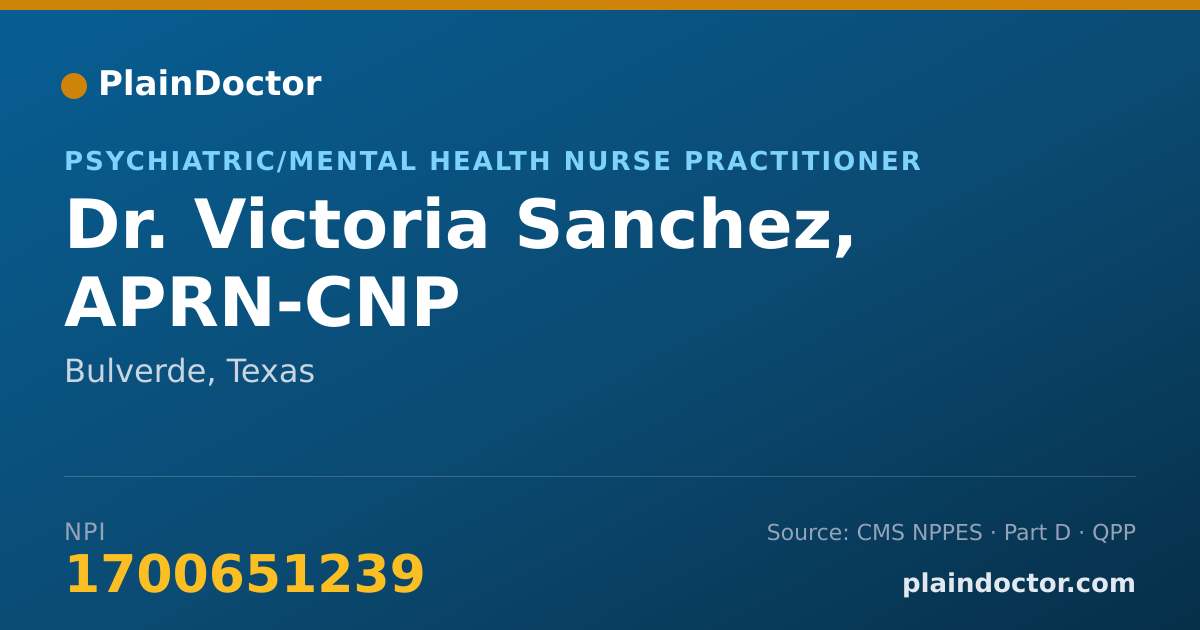 Shareable card for Victoria Sanchez, APRN-CNP - Psychiatric/Mental Health Nurse Practitioner, Bulverde, TX