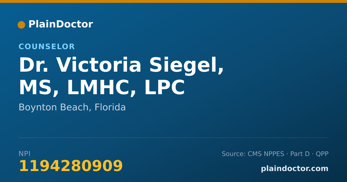 Shareable card for Victoria Siegel, MS, LMHC, LPC - Counselor, Boynton Beach, FL