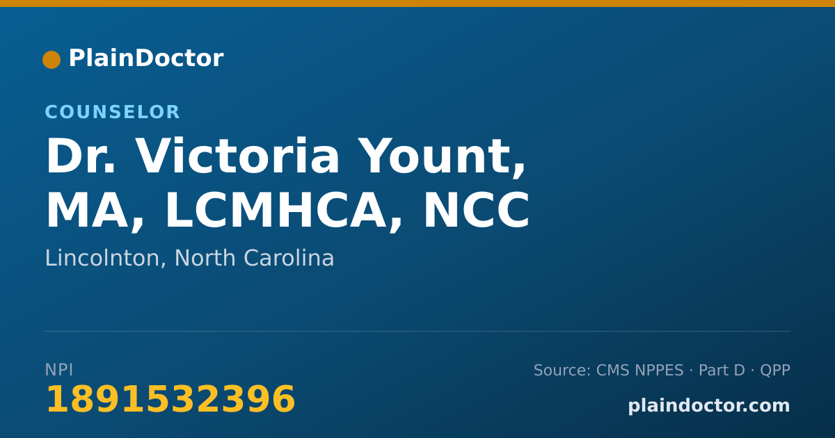 Shareable card for Victoria Yount, MA, LCMHCA, NCC - Counselor, Lincolnton, NC
