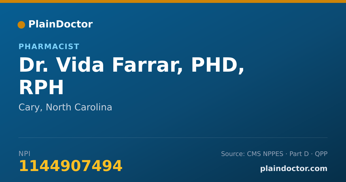 Shareable card for Vida Farrar, PHD, RPH - Pharmacist, Cary, NC