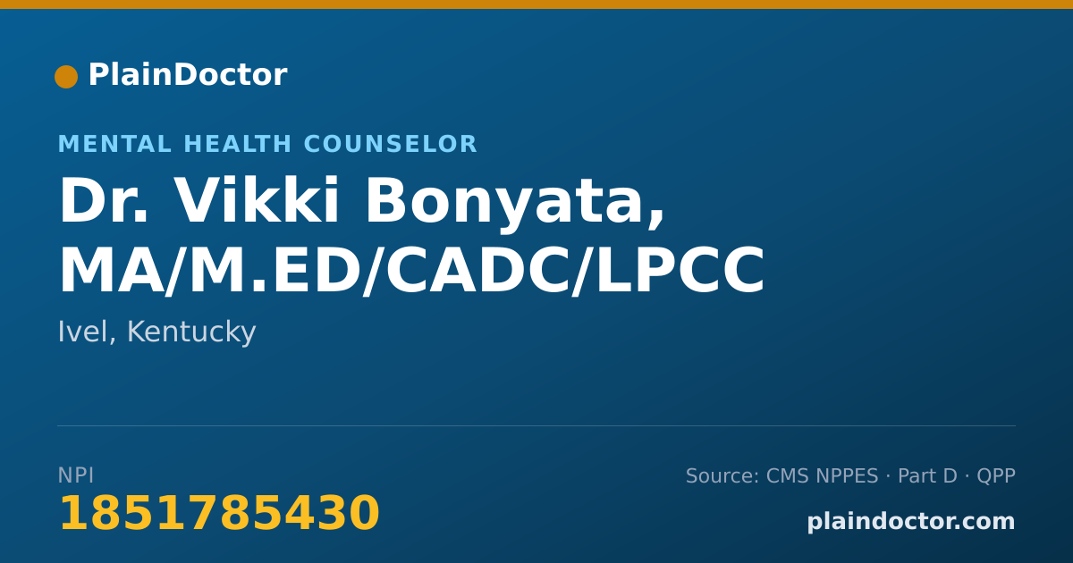 Shareable card for Vikki Bonyata, MA/M.ED/CADC/LPCC - Mental Health Counselor, Ivel, KY