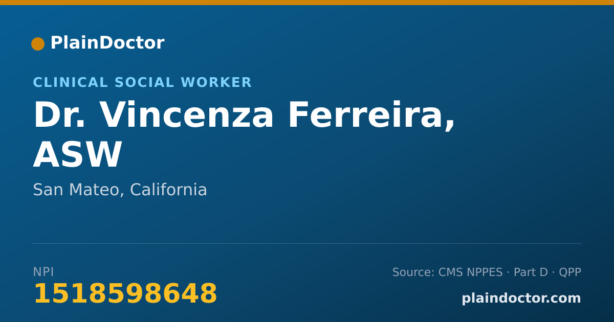 Shareable card for Vincenza Ferreira, ASW - Clinical Social Worker, San Mateo, CA